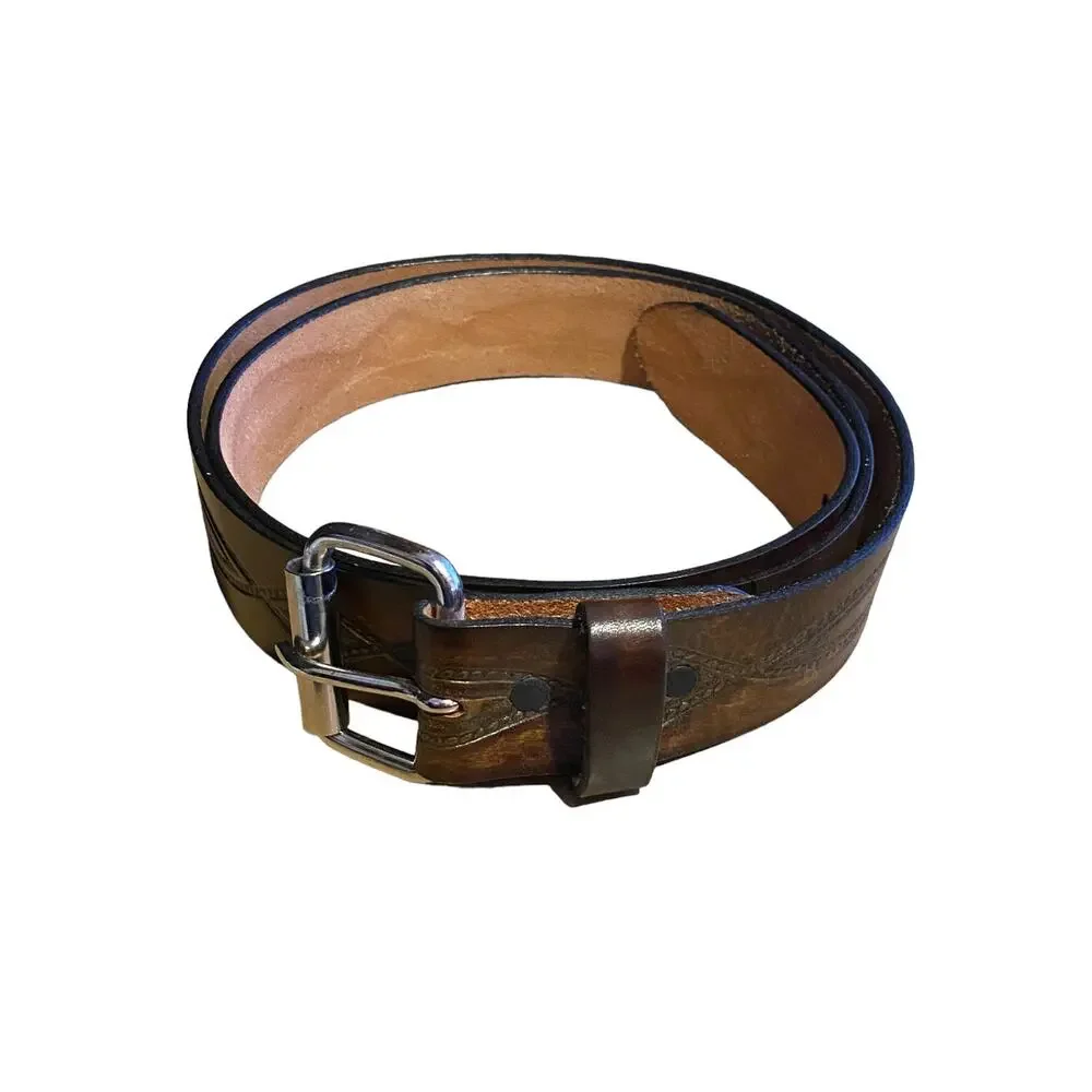F & L Classic Top Grain Leather Men's Belt 42 Wide Browns Engraved Design